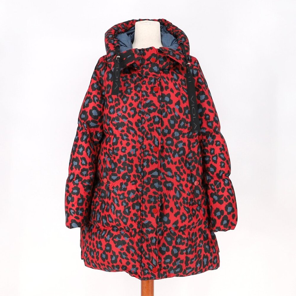 VIOLANTI Italian Red Leopard Print Piumino Down Hooded Jacket Size 44